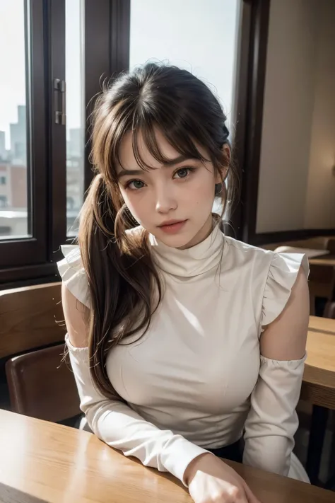 a girl with short ponytail laying in the table in a restaurant wearing formal suit, clear eye, perfect body, (look down at the viewer:0.8), (pureerosface_v1:0.2), detached sleeves, open mouth, bangs, 1girl, shiny skin, (masterpiece;1.0), (photorealistic:1....