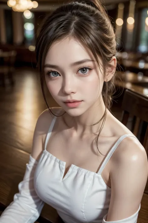 a girl with short ponytail laying in the table in a restaurant wearing formal suit, clear eye, perfect body, (look down at the viewer:0.8), (pureerosface_v1:0.2), detached sleeves, open mouth, bangs, 1girl, shiny skin, (masterpiece;1.0), (photorealistic:1....