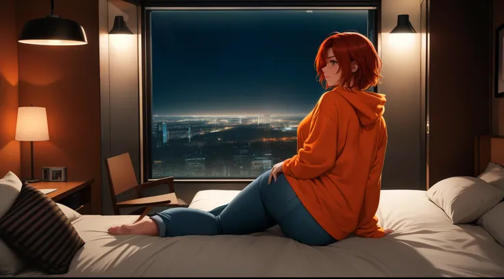 "Create a cinematic, cozy bedroom at nighttime with a modern urban setting. A large glass window reveals a futuristic cityscape illuminated by neon lights with light rain falling outside. The perspective is from a distance, capturing the entire bedroom lay...