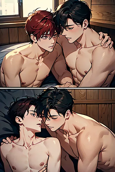  to create a Manhua , Of with two boys kissing in a shirtless cabin,  one of the boys with black hair and the other boy with red hair