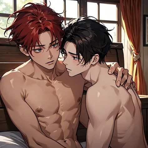  to create a Manhua , Of with two boys kissing in a shirtless cabin,  one of the boys with black hair and the other boy with red hair