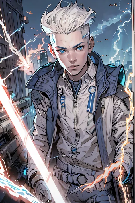 A 15-year-old teenage boy with an albino skin tone. He is an engineer and artificer, without facial or body hair. His hair is short and straight, colored white. The boy is wearing a futuristic cyberpunk in black and blue, futuristic style clothes, adorned ...