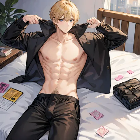 The businessman with short golden hair is naked and wearing black boxer shorts, surrounded by used condoms on his bed with a flirty 々 face
