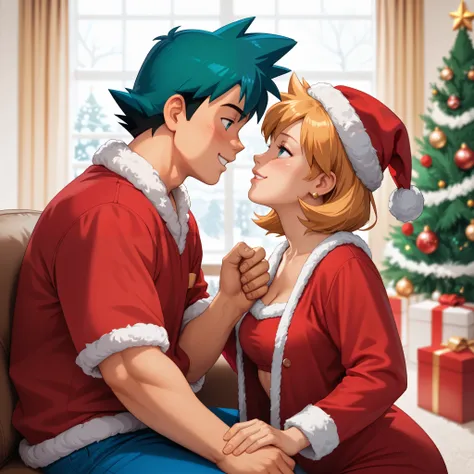 highly detailed, (couple), hetero, (duo focus), highres, 1man, 1woman, BREAK, 1man, ash ketchum, ashxyz, aged up, handsome boy, good looking boy, santa outfit, BREAK, 1woman, Misty_G, left hand, five fingers, christmas outfits, christmas tree, christmas de...