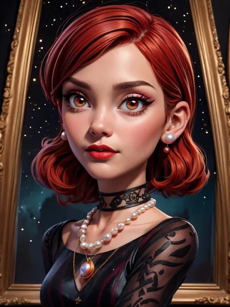 Natalie, Oil painting, Renaissance, Leonardo da Vinci style, model, modern style, modern clothing, pop star, cool, short hair red color pearl necklace, earrings, modern makeup, red lipstick, Starry night, dress with black stars, ring, defined strokes  