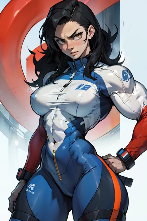 1 girl, black hair, yellow eyes, very long hair, pale skin, ((((extremely muscular)))), large breasts, (confident expression), pilot suit, close up