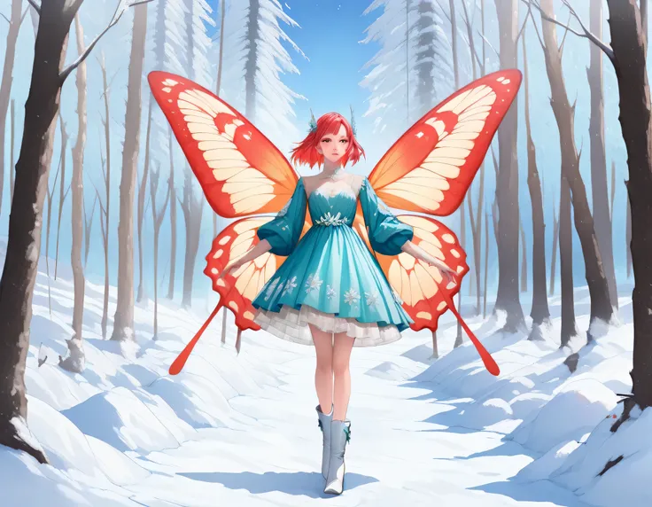 score_9, score_8_up, score_7_up, score_6_up, score_5_up, score_4_up, watercolor art of a most beautiful fairy playing in the snow, (full body shot: 1.3),  a beautiful fairy, spread butterfly wings, dynamic hair color, dynamic hair style, busty, many shades...