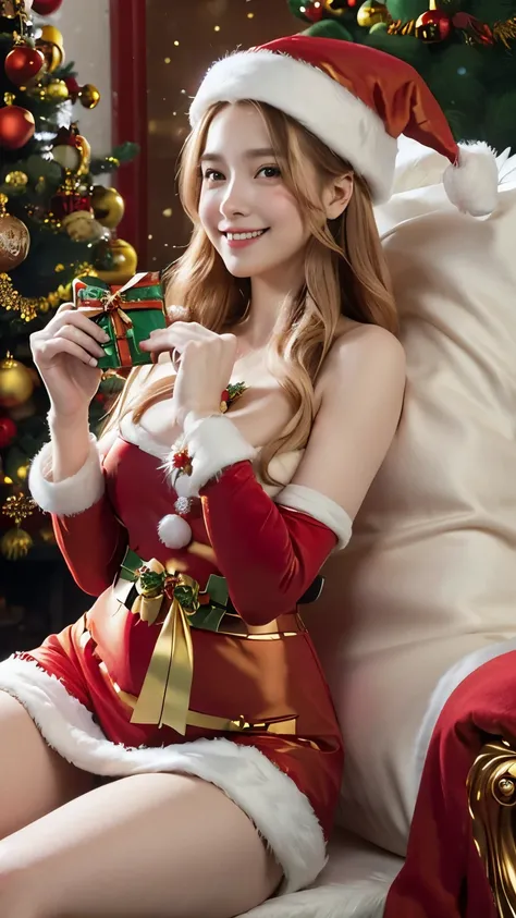 Masterpiece quality, extremely detailed, red cheeks, small waist, Expression happiness, smiling, laughter, happy eyes, Clear skin, Luminous lighting, exquisite details, Intricately detailed, Clean skin, 1 girl, (Santa Claus Costume:1.5), sitting in an armc...