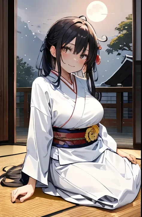 The girl wearing a yukata , sticking a Japanese miscanthus in her long hair tied up in an up,Big boobs that dont look good on your face, pinches the neck of a hot sake bottle and suggests a replacement , The full moon shines in a starry sky outside the sho...