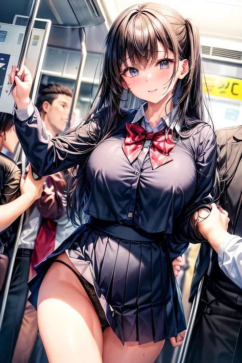 (The normal face of Japan),( A simple side of Japan  ),(  curvy body  ),(  high school uniform  、 Wear a uniform)  in a crowded trainお尻をつかむ、  black hair、  pleated skirt  、a beauty girl１people々々々々々、((  a man is touching my body with multiple hands  ))、  in ...