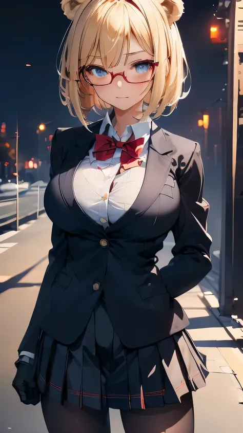 1girl, Bear ears, High school girls, solo, (( Big Breasts , blonde bob，Red frame Glasses)) ，gloves, (( blazer uniform, Check Skirts ))， black tights，Hair gets in your eyes, Outdoor, holding a sword，Swinging a sword, Slash Marks ，Katana , weapon, masterpiec...