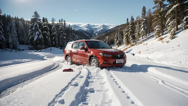 inscription (STAY ACTIVE) as sculptures carved from snow by a snowy road, view from below, a modern red car drives along the road in drifts, sunny winter atmosphere