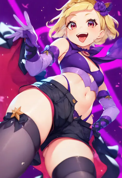 masterpiece, best quality, good quality, newest, CEL, AnFit, red eyes, blonde hair, purple crop top, 1girl, tongue out, black thighhighs, looking at viewer, purple gloves, cowboy shot, short shorts, black shorts, small breasts, highleg panties, hair orname...