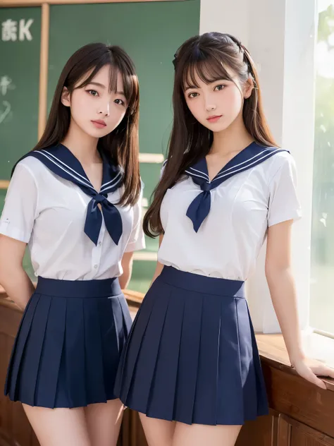 (( top quality、 high definition 、8k、masterpiece:1.3))、(((2girls))), portrait、 beautiful women、 perfect body、 beautiful rich breasts、classroom、 high school girl、 sailor suit 、 Embarrassing 、(( raise your skirt to show your panties ))、I'Seduce you、Table...