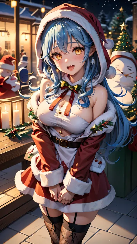 (highest quality)), ((masterpiece)), (Familiar), Perfect Face,Shiny skin,Beautiful breasts、Shiny skin、(((Santa  dress、mini skirt、garter、fish net tights、hoodie、fur jacket、)))、oil skin、Sweat、Off the shoulder、Double teeth 、Big Breasts、Embrace、winter、close、nea...