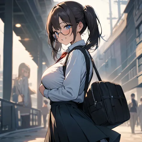 ( masterpiece , top quality:1.2),  1 girl, Alone,  Expressive Eyes , Walking with a student bag on his shoulder ,  straight hair,  dark hair twintails, Round Glasses, ((( Perfect Face Girl Walking With Her Student Bag On Her Shoulder))),  Big Breasts High ...