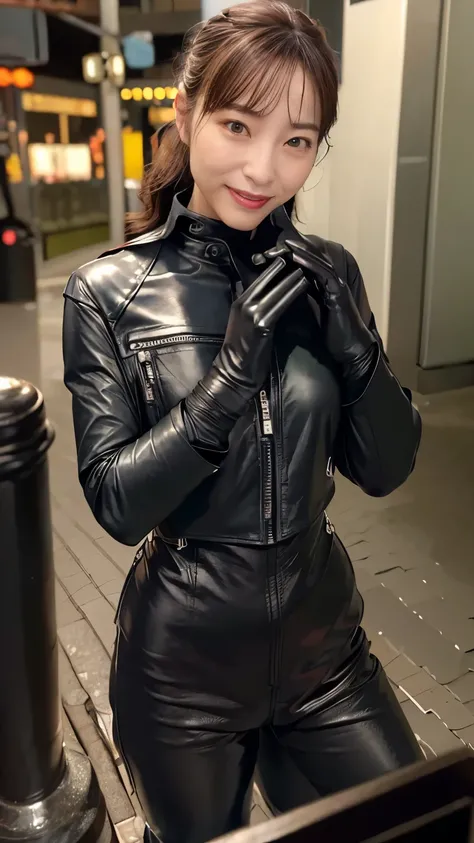 ( glossy black leather riders jacket:1.2), Office in the Dark, Black leather gloved fingertips on both hands,Wearing black leather gloves,Sitting in a black leather chair、 Japanese female new recruits (Black leather gloves cover both hands:1.4) (The angle ...