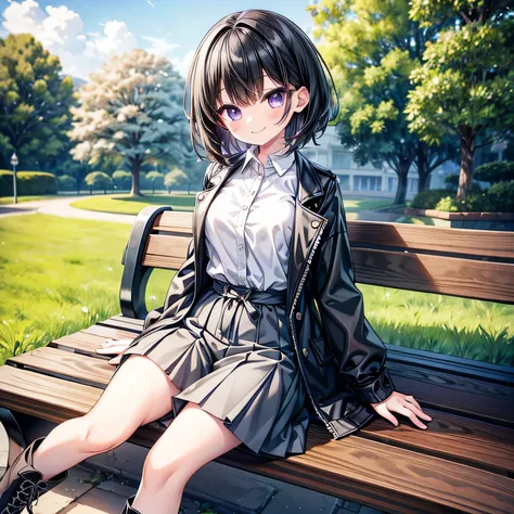 (extremely detailed, 8K resolution, masterpiece, best quality, Moe Art style, safe for work), 1 cute lady, full body, sit on the bench in the park, (shiny black hair shortcuts, shaggy cut):1.4, slender body, (white long-sleeve henley shirt, grey trench coa...