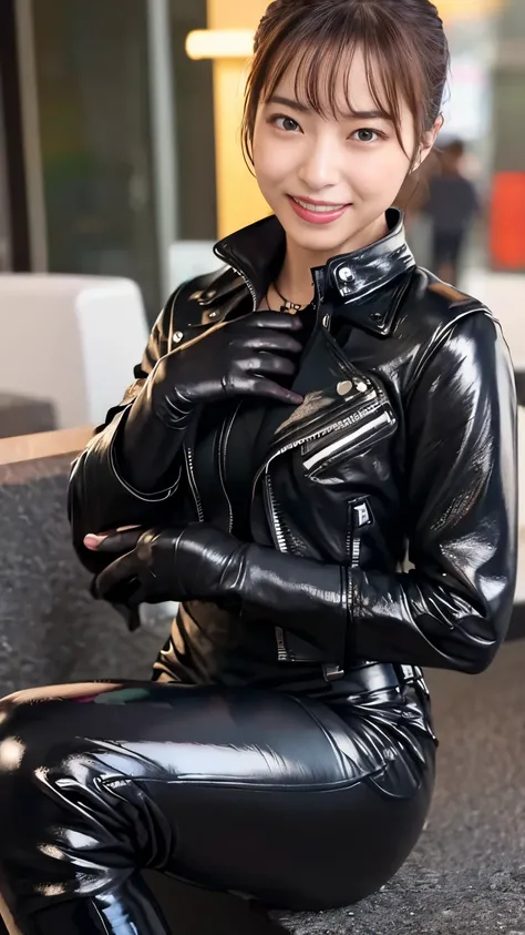 ( glossy black leather riders jacket:1.2), Office in the Dark, Black leather gloved fingertips on both hands,Wearing black leather gloves,Sitting in a black leather chair、 Japanese female new recruits (Black leather gloves cover both hands:1.4) (The angle ...