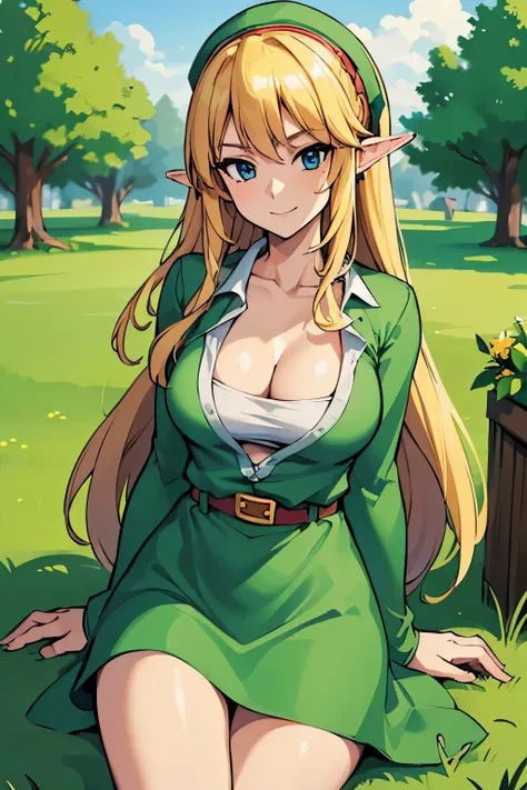 (masterpiece), best quality, expressive eyes, perfect face, highres, (female body:1.3),1 girl, solo, cleavage, ootLink girl, hat, long hair, blonde hair, (green tunic),field, grass, trees, landscape, depth of field, smiling,looking at the viewer, from fron...