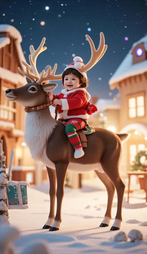  make a  baby happy on top of a reindeer   ,  is showing its whole body standing in front of the camera , With a Christmas costume ,