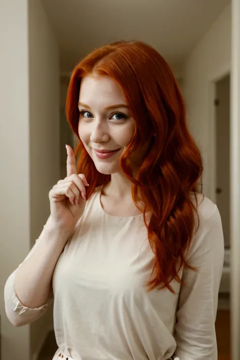 beautiful redheaded woman , looking in profile , pointing with the finger of her left hand to the opposite side of her, indicating something she was surprised by, smiling a lot