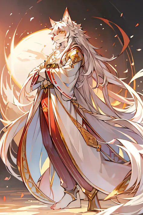 Kitsune male(white and pink fur), fursona, furry, white very long hair, yellow eyes, anime asthetic, with his long white hair, in anime style, handsome anime pose, aesthetic award winning anime, in an anime style, anime. soft lighting, flowing hair and lon...