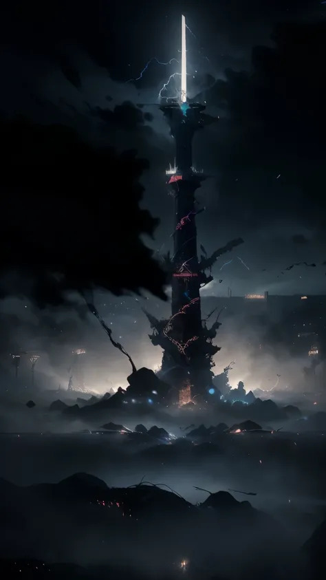 "A colossal tower rises amidst dense fog and darkness. The tower is made of ancient stone, with eerie patterns and glowing runes carved into its surface. Dark clouds swirl in the background, and lightning splits the sky. The ground is shrouded in shadows a...