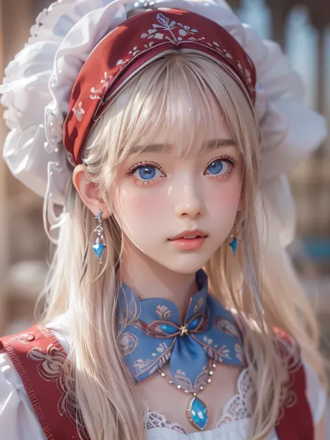 ((detailed face, cute face)), (She is wearing a long white embroidered skirt, a red blouse with lace, a white apron tied around her waist, blue socks, and brown leather shoes, blue scarf is on her head. Yes, her accessories include necklaces, earrings, and...