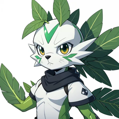 1girl, human, white background, head, plant, cute, green, symbol leaf crest, shiny, cartoon, character, digi, art style digimon, 