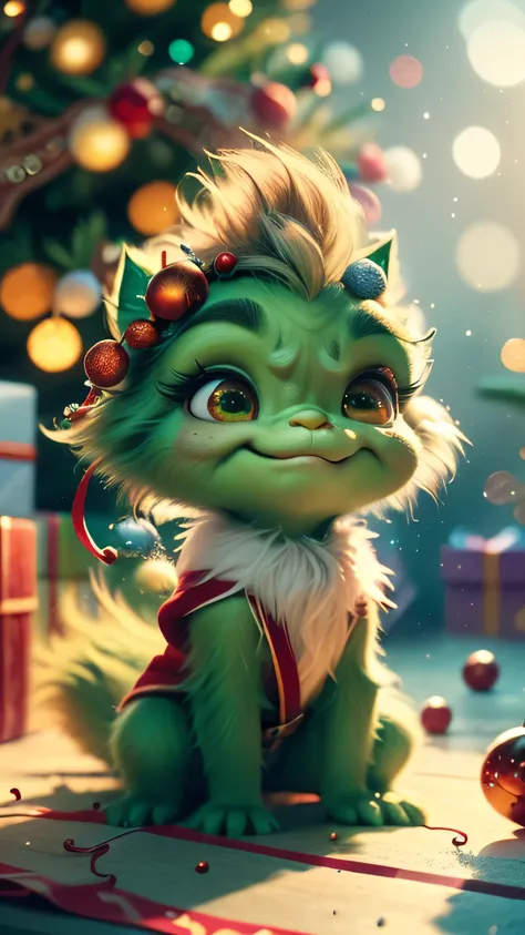 (Best Quality, Super Detail, Masterpiece, Representative Work, Official Art, Professional, Super High Detail, 8k:1.3), (Full Body) Very cute baby Grinch crawling around with other baby Grinches, they all have Santa outfits on, one has a sign saying Where i...