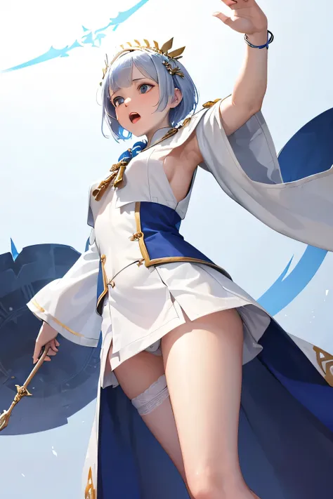 Female priestess, pure white priest robe,short (blue) hair, ((mini skirt)),((panty shot)),((photo taken from below)), (Village), (casting a spell),(open mouth),(((raise one arm)))