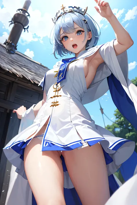 Female priestess, pure white priest robe,short (blue) hair, ((mini skirt)),((panty shot)),((photo taken from below)), (Village), (casting a spell),(open mouth),(((raise one arm)))