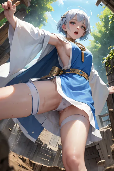 Female priestess, pure white priest robe,short (blue) hair, ((mini skirt)),((panty shot)),((photo taken from below)), (Village), (casting a spell),(open mouth),(((raise one arm))),(((mud and grime))),(strong wind)