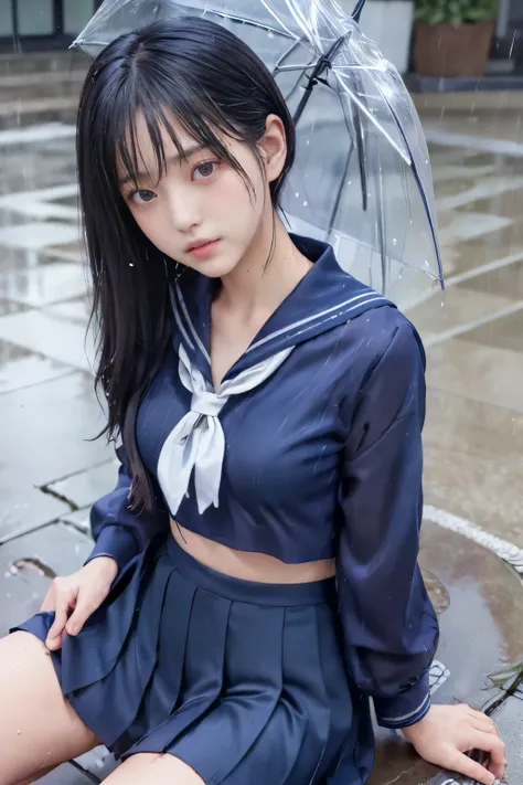Masterpiece、( top quality:1.4)、1girl、(nsfw)、 super detailed 、 looking down from directly above black hair、parted hair、 Belly Shorthair、Forehead Japanese High School Girl Sailor Suit、 the navy blue sailor suit 、 navy blue skirt 、 pleated skirt 、(see-thro...