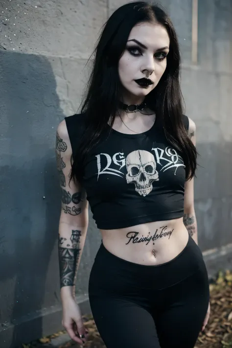 Young goth, tattooed, skinny body, angry face, (aged 18:1.6), wearing a black crop top with a skull design and black legging, ((night cemitery background)).