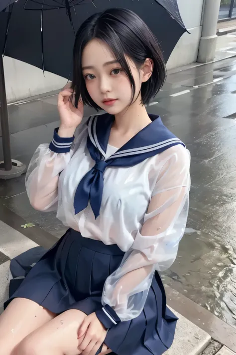 Masterpiece、( top quality:1.4)、1girl、(nsfw)、 super detailed 、 looking down from directly above black hair、parted hair、 Belly Shorthair big eyes、Forehead、 small face 日本の女子高生の sailor suit、 sailor suit、 skirt、プリーツ skirt、see-through、see-through brassiere、 p...