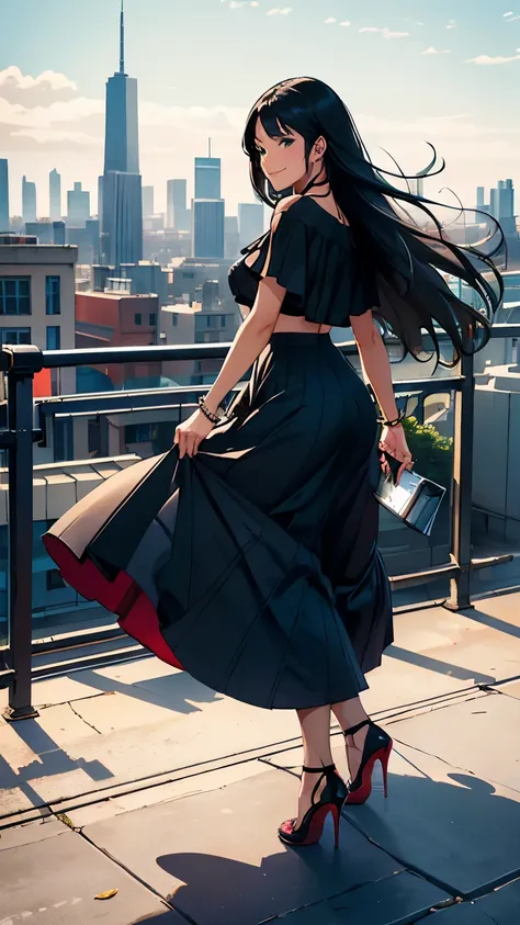 ((masterpiece, high resolution, better quality, better details)), ((Smiling)), ((one girl)) a girl standing on a city rooftop, full body, maxi skirt, long skirt, ((long skirt without openings)), ((louboutin high heels)), green eyes, ((black hair, long hair...