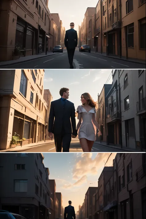 there are two pictures of a man and a woman walking down the street, cinematic luts, cinematic post process, cinematic color grading, city street cinematic lighting, cinematic colour grading, cinematic low shot, elegant photorealistic cinematic, cinematic ...