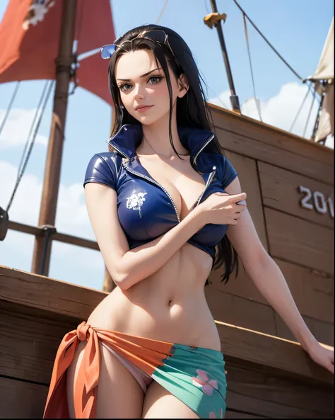 1girl, Nico Robin on the pirate ship, skinny girl, lean body, absurdres, extremely beautiful, orange sarong, smirking, anime semi-realistic