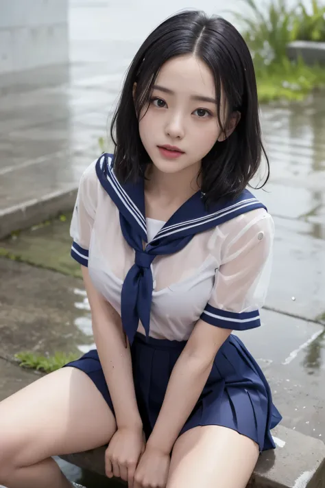 Masterpiece、( top quality:1.4)、1girl、(nsfw)、 super detailed 、 looking down from directly above black hair、parted hair、 Belly Shorthair big eyes、Forehead、 small face 日本の女子高生の sailor suit、 sailor suit、 skirt、プリーツ skirt、see-through、see-through brassiere、 p...