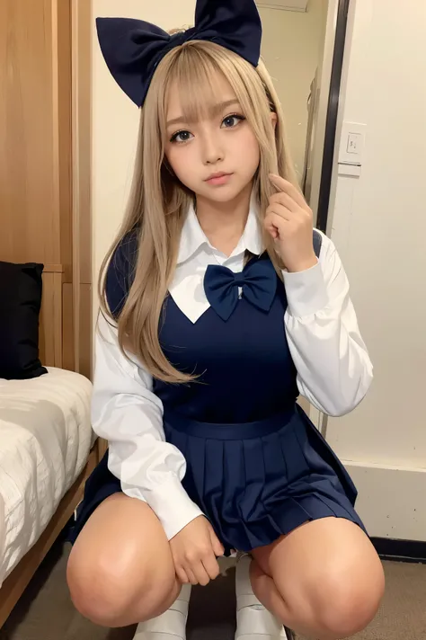 Junior high school students,black eyes,Narrow eyes,Healthy thighs,Leaning forwar,bedroom,bunny,squat:1.5, Shibuya, blonde ombre hair, high school girl, Navy blue Pleated Skirt, White Dress Shirt, Long sleeve, Bow Ribbon,