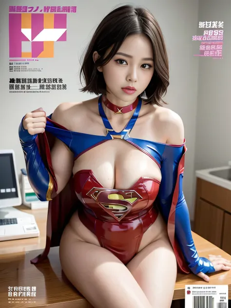 masterpiece、 latex supergirl costume 、 off shoulder、Ultra short hair、 Big and Rich Breasts 、 sweaty and shiny skin 、Look directly into the camera、 choker 、Provocative cleavage、 Long Sleeve 、Cape、Glamorous bare legs、 in front of laboratory equipment in hosp...