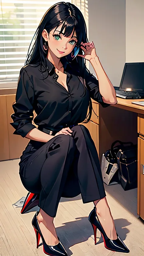 ((masterpiece, high resolution, better quality, better details)), ((Smiling)), ((one girl)) a girl speaking on the phone at a desk, full body, wearing a button-up blouse and wide-leg trousers, ((Louboutin high heels)), green eyes, ((black hair, long hair))...