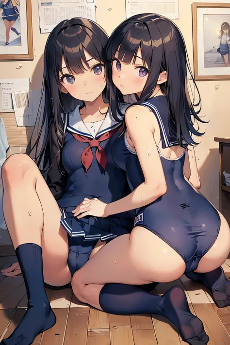 ((master piece)), ((best quality)), 
perfect anatomy, perfect finger,
(2 girls),
(Dimly lit abandoned room:1.2),
(piles of bras and womens underwear all over the floor:1.2)
(many pictures of high school girls in sailor uniforms are plastered all over the w...