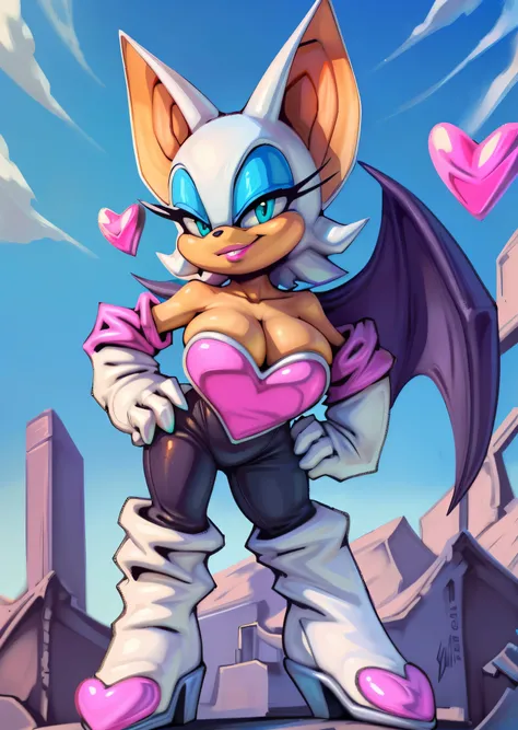 ((Rouge the bat)), ((thefuckingdevil)), ((masterpiece)), ((high resolution)), {(turquoise eyes), (blue eyeshadow), (pink lipstick), (smug smirk)}, {(cleavage), (heart on clothes), (white gloves), (kneehigh boots)}, {(hand on hip), (looking at viewer)}