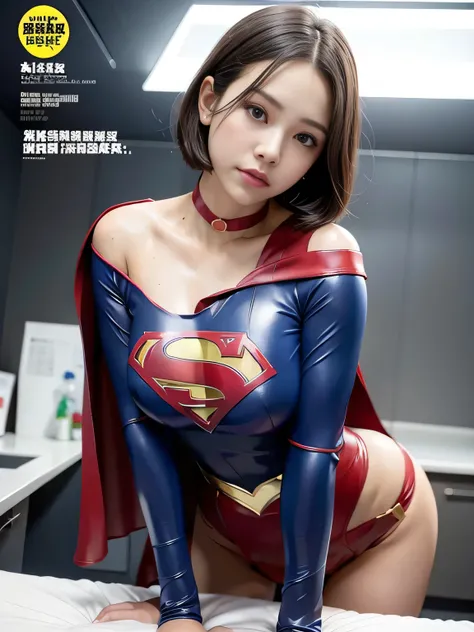 masterpiece、 latex supergirl costume 、 off shoulder、Ultra short hair、 Big and Rich Breasts 、 sweaty and shiny skin 、Look directly into the camera、 choker 、Provocative cleavage、 Long Sleeve 、Cape、Glamorous bare legs、 in front of laboratory equipment in hosp...