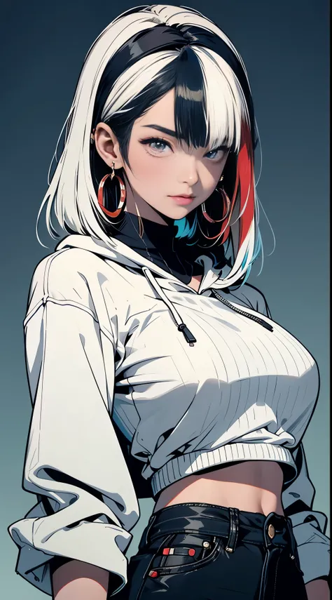 sfw, (hooded sweatshirt:1.1),((masterpiece)), ((best quality)), (ultra-detailed), ((extremely detailed)), 4K, (8K), best quality, (beautiful), extremely detailed,young girl, Cool Girl,(1girl), solo,bob cut,side braid,(two-tone coloring:1.6),beautiful white...