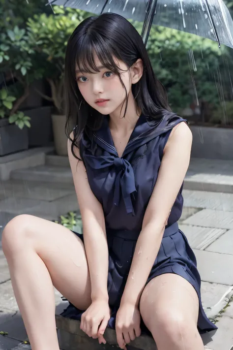 Masterpiece、( top quality:1.4)、1girl、(nsfw)、 super detailed 、low angle、foot focus、foot close-up black hair、 Belly Shorthair、parted hair big eyes、Forehead、 small face 日本の女子高生の sailor suit、 sailor suit、 skirt、プリーツ skirt、see-through、see-through brassiere、 ...