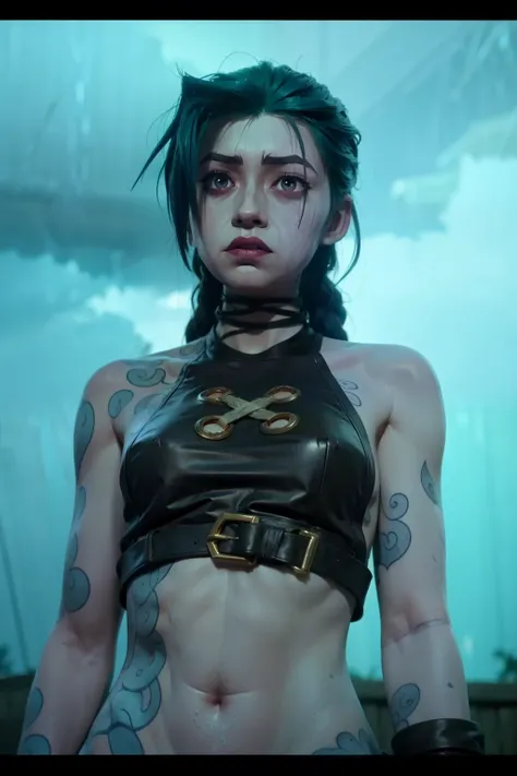 jinx league of legends, detailed , angry face, In dynamic pose, blue tattoo, skinny body, belly tattoo . Dynamic Angle, best quality, masterpiece, UHD, 4K. (( rain, Thunder background)), ((cinematic lighting:1.4))